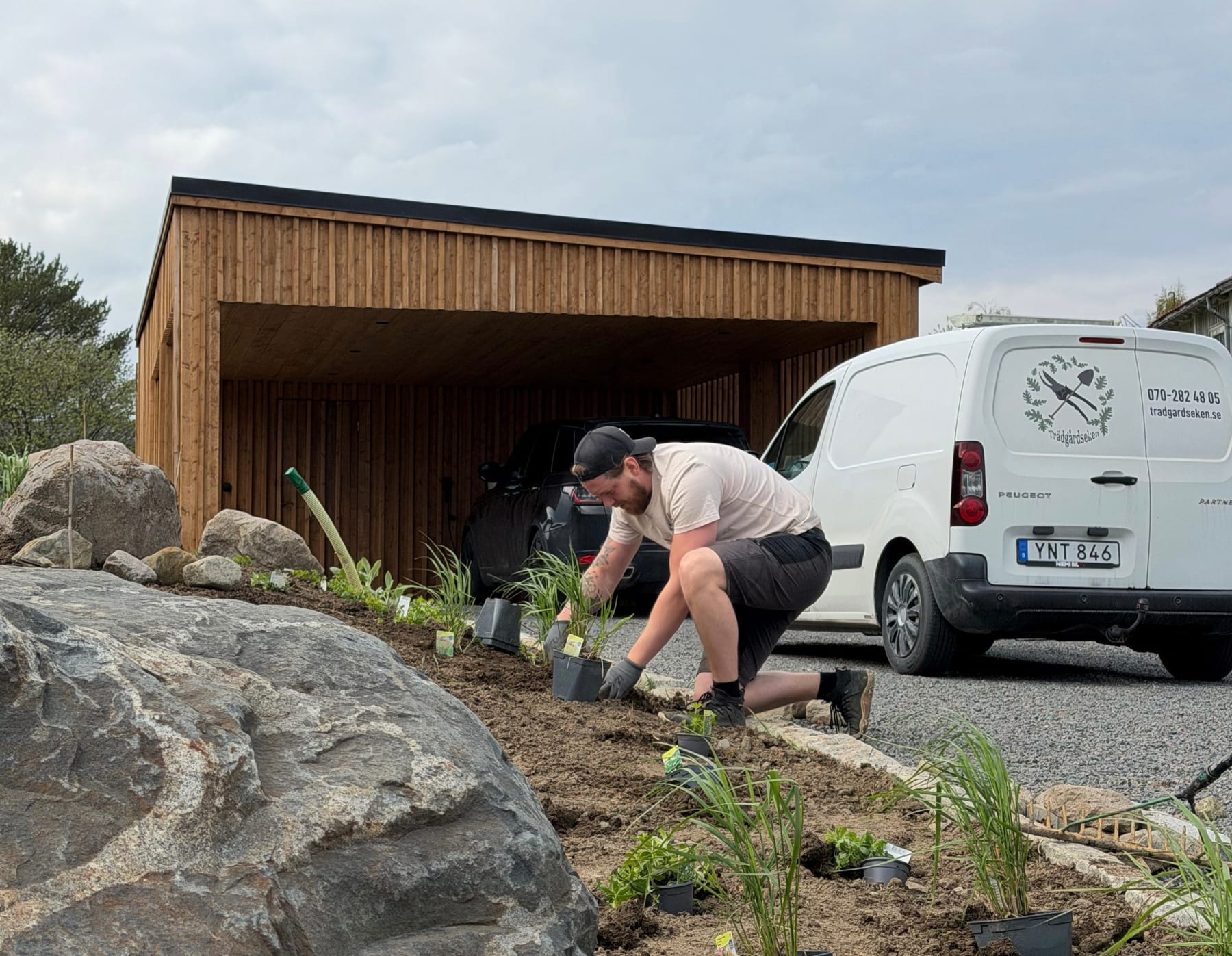 Manne från Trädgårdseken planterar vid modernt trähus i Norrbotten